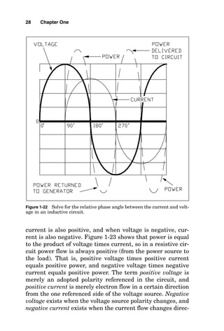 current is also positive, and when voltage is negative, cur-
rent is also negative. Figure 1-23 shows that power is equal
to the product of voltage times current, so in a resistive cir-
cuit power flow is always positive (from the power source to
the load). That is, positive voltage times positive current
equals positive power, and negative voltage times negative
current equals positive power. The term positive voltage is
merely an adopted polarity referenced in the circuit, and
positive current is merely electron flow in a certain direction
from the one referenced side of the voltage source. Negative
voltage exists when the voltage source polarity changes, and
negative current exists when the current flow changes direc-
28 Chapter One
Figure 1-22 Solve for the relative phase angle between the current and volt-
age in an inductive circuit.
 