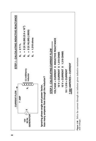 44
10
V
=
CURRENT
X
1.319
OHMS
?
AMP
E
10
V
=
CURRENT
X
1.319
OHMS
10
/
1.319
=
CURRENT
7.582
AMPERES
=
CURRENT
3.5
millihenry
inductor
X
L
VOLTAGE
=
CURRENT
X
INDUCTIVE
REACTANCE
STEP
2
-
CALCULATING
CURRENT
FLOW
Ignoring
phase
angle
and
power
factor,
how
many
amperes
flow
through
the
inductor?
10V
60
Hz
GENERATOR
X
L
=
2
f
L
X
L
=
2
(3.14)
(60)
(3.5
x
10
-3
)
X
L
=
2
(3.14)
(60)
(.0035)
X
L
=
1.319
ohms
STEP
1
-
CALCULATING
INDUCTIVE
REACTANCE
CURRENT
FLOW
Figure
1-36
Solve
for
current
through
an
inductor
given
inductive
reactance
and
voltage.
 