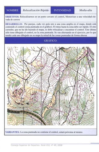 NOMBRE Relocalización Rápida INTENSIDAD Media-alta
OBJETIVOS: Relocalizarnos en un punto cercano al control, Memorizar a una velocidad ele-
vada de carrera
DESARROLLO: Por parejas, cada vez guía uno a una zona amplia en el mapa, donde está
contenido el control (zona punteada en el gráfico). El ritmo hasta la zona debe ser rápido. El otro
corredor, que no ha ido leyendo el mapa, se debe relocalizar y encontrar el control. Éste último
sólo tiene dibujado el control, no la zona punteada. Se van alternando en el ejercicio, por lo que
tendrá cada uno dibujado en su mapa la mitad de las zonas punteadas de forma alterna
GRÁFICO:
VARIANTES: La zona punteada no contiene el control, estará próxima al mismo.
Consejo Superior de Deportes. Serie ICd, n° 49, 2008
 