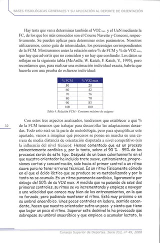 BASES FISIOLÓGICAS GENERALES Y SU APLICACIÓN AL DEPORTE DE ORIENTACIÓN
Hay tests que van a determinar también el VO2 max y el UaN mediante la
FC, de los que los más conocidos son el Course Navette y Conconi, respec-
tivamente. Se pueden aplicar para determinar estos parámetros. Nosotros
utilizaremos, como guía de intensidades, los porcentajes correspondientes
de la FCM. Mostraremos antes la relación entre % de FCM y % de VO2 max,
que hay que advertir que no coinciden y no hay que confundir. Los datos se
reflejan en la siguiente tabla (McArdle, W. Katch, F. Katch, V, 1995), pero
recordamos que, para realizar una estimación individual exacta, habría que
hacerla con una prueba de esfuerzo individual:
% VO2 max
50
60
70
80
90
100
28
42
56
70
83
100
Tabla 4. Relación FCM- Consumo máximo deoxígeno
Con estos tres aspectos analizados, tendremos queestablecer a qué%
32 de la FCMtenemos quetrabajar para desarrollar las adaptaciones desea-
das. Todo esto será enla parte demetodología, pero para ejemplificar este
apartado, vamos a imaginar quéprocesos seponen en marcha enuna ca-
rrera demedia distancia de orientación disputada a nivel competitivo (sin
la influencia del nivel técnico): Hemos comentado que es un proceso
eminentemente aeróbico y, por lo tanto, sobre el 90 % - 95%delos
procesos serán de este tipo. Después de un buen calentamiento enel
que nuestro orientador haincluido trote suave, estiramientos, progre-
siones cortas y concentración, sale hacia el primer control a un ritmo
suave para notener errores técnicos. Esunritmo físicamente cómodo
en el queel ácido láctico quese produce se va metabolizando y por lo
tanto noseacumula. Esunritmo puramente aeróbico, ligeramente por
debajo del 50% de su VO2max. A medida queva pasando de esos dos
primeros controles, su ritmo seva incrementando y empieza a navegar
a unavelocidad queconoce muybien de los entrenamientos, en la que
va forzado, pero pudiendo mantener el ritmo. Está muypróximo oen
su umbral anaeróbico. Unos pocos controles en ladera, sentido ascen-
dente, hacen quenuestro orientador sufra un poco y sienta que tiene
que bajar unpoco el ritmo. Superar este desnivel le ha provocado que
sobrepase su umbral anaeróbico y queempiece a acumular lactato, lo
Consejo Superior de Deportes. Serie ICd, n° 49, 2008
 