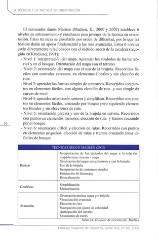 LA TÉCNICA Y LA TÁCTICA EN ORIENTACIÓN
56
El entrenador danés Madsen (Madsen, K., 2000 y 2002) establece 6
niveles de entrenamiento y enseñanza para jóvenes de la técnica en orien-
tación. Estas técnicas se enseñarán por orden de dificultad, por lo que las
básicas darán un apoyo fundamental a las más avanzadas. Estos 6 niveles
están directamente relacionados con el método sueco de la escalera (reco-
gido en Kronlund, 1991):
- Nivel 1: interpretación del mapa. Aprender los símbolos de forma teó-
rica y en el bosque. Orientación del mapa con el terreno
- Nivel 2: orientación del mapa con el uso de la brújula. Recorridos fá-
ciles con controles cercanos, en elementos lineales y sin elección de
ruta.
- Nivel 3: aprender las formas simples de contornos. Recorridos con pun-
tos en elementos fáciles, con alguna elección de ruta y uso simple de
curvas de nivel.
- Nivel 4: aprender orientación somera y simplificar. Recorridos con pun-
tos en elementos fáciles, cruzando por bosque pero siguiendo elemen-
tos lineales y sin elecciones de ruta.
- Nivel 5: orientación precisa y uso de la brújula en carrera. Recorridos
con puntos en elementos menores, elección de ruta y tramos cruzando
por el bosque
- Nivel 6: orientación difícil y elección de rutas. Recorridos con puntos
en elementos pequeños, elección de rutas y tramos cruzando áreas di-
fíciles de bosque.
TÉCNICAS SEGÚN MADSEN (2002)
Básicas
Genéricas
Avanzadas
Interpretación de los símbolos del mapa y la relación
mapa-terreno, terreno - mapa
Orientación del mapa con el terreno y con la brújula
Uso de la brújula
Interpretación de contornos simples
Estimación de distancias
Relocalización
Simplificación
Memorización
Orientación precisa mapa y/o brújula
Visualización avanzada
Elección de ruta
Navegación con ajuste de velocidad
Anticipación del terreno
Situaciones de estrés
Tabla14. Técnicas de orientación, Madsen
Consejo Superior de Deportes. Serie ICd, n° 49, 2008
 
