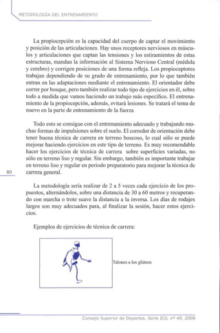 METODOLOGÍA DEL ENTRENAMIENTO
80
La propiocepción es la capacidad del cuerpo de captar el movimiento
y posición de las articulaciones. Hay unos receptores nerviosos en múscu-
los y articulaciones que captan las tensiones y los estiramientos de estas
estructuras, mandan la información al Sistema Nervioso Central (médula
y cerebro) y corrigen posiciones de una forma refleja. Los propioceptores
trabajan dependiendo de su grado de entrenamiento, por lo que también
entran en las adaptaciones mediante el entrenamiento. El orientador debe
correr por bosque, pero también realizar todo tipo de ejercicios en él, sobre
todo a medida que vamos haciendo un trabajo más específico. El entrena-
miento de la propiocepción, además, evitará lesiones. Se tratará el tema de
nuevo en la parte de entrenamiento de la fuerza
Todo esto se consigue con el entrenamiento adecuado y trabajando mu-
chas formas de impulsiones sobre el suelo. El corredor de orientación debe
tener buena técnica de carrera en terreno boscoso, lo cual sólo se puede
mejorar haciendo ejercicios en este tipo de terreno. Es muy recomendable
hacer los ejercicios de técnica de carrera sobre superficies variadas, no
sólo en terreno liso y regular. Sin embargo, también es importante trabajar
en terreno liso y regular en periodo preparatorio para mejorar la técnica de
carrera general.
La metodología sería realizar de 2 a 5 veces cada ejercicio de los pro-
puestos, alternándolos, sobre una distancia de 30 a 60 metros y recuperan-
do con marcha o trote suave la distancia a la inversa. Los días de rodajes
largos son muy adecuados para, al finalizar la sesión, hacer estos ejerci-
cios.
Ejemplos de ejercicios de técnica de carrera:
Talones a los glúteos
Consejo Superior de Deportes. Serie ICd, n° 49, 2008
 