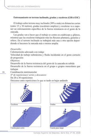 •v METODOLOGÍA DEL ENTRENAMIENTO
86
Entrenamiento en terreno inclinado, gradas y escaleras (GRA-ESC)
El trabajo sobre terreno muy inclinado (30% o más) en distancias cortas
(entre 15 y 30 metros), gradas (escalones amplios) y escaleras va a supo-
ner un entrenamiento específico de la fuerza resistencia en el gesto de la
zancada.
Las gradas van a hacer que el trabajo se centre en cuadríceps y glúteos,
mientras que las escaleras trabajarán más los flexores plantares, gemelos y
soleos. En el terreno inclinado se trabajará más una u otra opción depen-
diendo si hacemos la zancada más o menos amplia
Desarrollo:
Calentamiento adecuado con rodaje
Velocidad de trabajo submáxima y fluida incidiendo en el gesto correcto
de progresión
Objetivos:
Desarrollo de la fuerza resistencia del gesto de la zancada en subida
Desarrollo de la fuerza resistencia en el grupo o grupos musculares que
trabajan
Coordinación intermuscular
N" de repeticiones/ series y descansos:
De 20 a 30 repeticiones
Descanso entre repeticiones lo que se tarde en bajar andando
Escaleras
Cuesta paso corto Cuesta paso largo
Consejo Superior de Deportes. Serie ICd, n° 49, 2008
 
