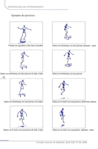 METODOLOGÍA DEL ENTRENAMIENTO
Ejemplos de ejercicios:
Trabajo de equilibrio sobre base inestable Saltos en minitramp con dos piernas adelante - atrás
Saltos en minitramp con dos piernas de lado a lado
88
Saltos en minitramp con una pierna
Saltos en minitramp con una pierna a los lados Saltos en el suelo con una pierna a diferentes alturas
Saltos en el suelo con una pierna de lado a lado Saltos en el suelo con una pierna adelante - atrás
Consejo Superior de Deportes. Serie ICd, n° 49, 2008
 