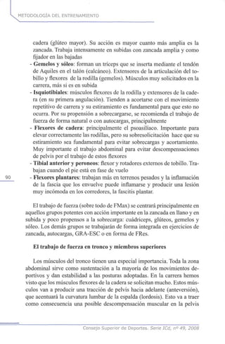 METODOLOGÍA DEL ENTRENAMIENTO
cadera (glúteo mayor). Su acción es mayor cuanto más amplia es la
zancada. Trabaja intensamente en subidas con zancada amplia y como
fijador en las bajadas
- Gemelos y soleo: forman un tríceps que se inserta mediante el tendón
de Aquiles en el talón (calcáneo). Extensores de la articulación del to-
billo y flexores de la rodilla (gemelos). Músculos muy solicitados en la
carrera, más si es en subida
- Isquiotibiales: músculos flexores de la rodilla y extensores de la cade-
ra (en su primera angulación). Tienden a acortarse con el movimiento
repetitivo de carrera y su estiramiento es fundamental para que esto no
ocurra. Por su propensión a sobrecargarse, se recomienda el trabajo de
fuerza de forma natural o con autocargas, principalmente
- Flexores de cadera: principalmente el psoasilíaco. Importante para
elevar correctamente las rodillas, pero su sobresolicitación hace que su
estiramiento sea fundamental para evitar sobrecargas y acortamiento.
Muy importante el trabajo abdominal para evitar descompensaciones
de pelvis por el trabajo de estos flexores
- Tibial anterior y peroneos: flexor y rotadores externos de tobillo. Tra-
bajan cuando el pie está en fase de vuelo
90 - Flexores plantares: trabajan más en terrenos pesados y la inflamación
de la fascia que los envuelve puede inflamarse y producir una lesión
muy incómoda en los corredores, la fascitis plantar.
El trabajo de fuerza (sobre todo de FMax) se centrará principalmente en
aquellos grupos potentes con acción importante en la zancada en llano y en
subida y poco propensos a la sobrecarga: cuadríceps, glúteos, gemelos y
soleo. Los demás grupos se trabajarán de forma integrada en ejercicios de
zancada, autocargas, GRA-ESC o en forma de FRes.
El trabajo de fuerza en tronco y miembros superiores
Los músculos del tronco tienen una especial importancia. Toda la zona
abdominal sirve como sustentación a la mayoría de los movimientos de-
portivos y dan estabilidad a las posturas adoptadas. En la carrera hemos
visto que los músculos flexores de la cadera se solicitan mucho. Estos mús-
culos van a producir una tracción de pelvis hacia adelante (anteversión),
que acentuará la curvatura lumbar de la espalda (lordosis). Esto va a traer
como consecuencia una posible descompensación muscular en la pelvis
Consejo Superior de Deportes. Serie ICd, n° 49, 2008
 