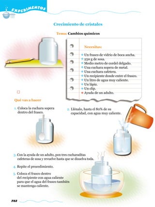 EXPERIMENTOS
782
Crecimiento de cristales
Tema: Cambios químicos
1. Coloca la cuchara sopera
dentro del frasco.
Qué vas a hacer
Un frasco de vidrio de boca ancha.
250 g de sosa.
Medio metro de cordel delgado.
Una cuchara sopera de metal.
Una cuchara cafetera.
Un recipiente donde entre el frasco.
Un litro de agua muy caliente.
Un lápiz.
Un clip.
Ayuda de un adulto.
Necesitas:
2. Llénalo, hasta el 80% de su
capacidad, con agua muy caliente.
3. Con la ayuda de un adulto, pon tres cucharaditas
cafeteras de sosa y revuelve hasta que se disuelva toda.
4. Repite el procedimiento.
5. Coloca el frasco dentro
del recipiente con agua caliente
para que el agua del frasco también
se mantenga caliente.
 