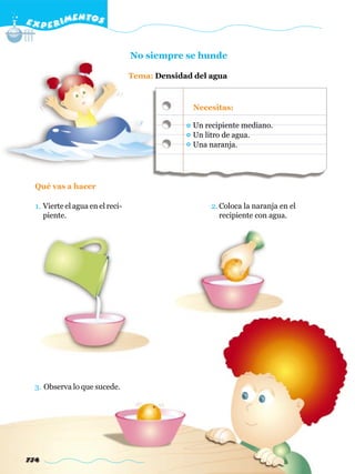 734
No siempre se hunde
Tema: Densidad del agua
Qué vas a hacer
EXPERIMENTOS
1. Vierte el agua en el reci-
piente.
2. Coloca la naranja en el
recipiente con agua.
Un recipiente mediano.
Un litro de agua.
Una naranja.
Necesitas:
3. Observa lo que sucede.
 