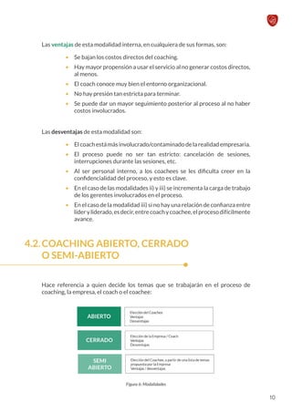 Las ventajas de esta modalidad interna, en cualquiera de sus formas, son:
•	 Se bajan los costos directos del coaching.
•	 Hay mayor propensión a usar el servicio al no generar costos directos,
al menos.
•	 El coach conoce muy bien el entorno organizacional.
•	 No hay presión tan estricta para terminar.
•	 Se puede dar un mayor seguimiento posterior al proceso al no haber
costos involucrados.
Las desventajas de esta modalidad son:
•	 Elcoachestámásinvolucrado/contaminadodelarealidadempresaria.
•	 El proceso puede no ser tan estricto: cancelación de sesiones,
interrupciones durante las sesiones, etc.
•	 Al ser personal interno, a los coachees se les dificulta creer en la
confidencialidad del proceso, y esto es clave.
•	 En el caso de las modalidades ii) y iii) se incrementa la carga de trabajo
de los gerentes involucrados en el proceso.
•	 En el caso de la modalidad iii) si no hay una relación de confianza entre
líderyliderado,esdecir,entrecoachycoachee,elprocesodifícilmente
avance.
COACHING ABIERTO, CERRADO
O SEMI-ABIERTO
Hace referencia a quien decide los temas que se trabajarán en el proceso de
coaching, la empresa, el coach o el coachee:
Figura 6: Modalidades
4.2.
10
 