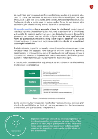 La efectividad aparece cuando confluyen estos tres aspectos, si la persona sabe,
pero no puede, por no tener los recursos materiales o tecnológicos, no logra
efectividad; si, por otro lado, puede, pero no sabe, tampoco logra los resultados;
finalmente, si sabe y puede, pero no quiere, no hay forma de que alcance altos
estándares, por ello el Coaching procura desarrollar las tres áreas.
El segundo objetivo es lograr expandir el área de efectividad, es decir que el
individuo sepa más, pueda más y quiera más, esto es colaborar en el crecimiento
y desarrollo del coachee, que haya un antes y un después del proceso de coaching
generando una mejora que sea visible y significativa. Es muy significativo el
hecho de que los resultados del coaching se deben poder observar, o en nuevos
comportamientos o en nuevas o mejores competencias, si esto no se verifica el
coaching no fue exitoso.
Tradicionalmente, la gestión humana ha tenido diversas herramientas para poder
fortalecer estos tres aspectos. Para trabajar el área del saber se ha tenido la
capacitación y el entrenamiento; para el área del poder, se ha trabajado en base a
la proveeduría interna y el empowerment o empoderamiento y, finalmente, para el
querer, se ha tenido la motivación y los incentivos de distintos tipos.
A continuación, se observará un esquema que permita comparar las herramientas
tradicionales con el coaching:
Figura 2: Herramientas tradicionales con el coaching
Como se observa, las ventajas son manifiestas y adicionalmente, abren un gran
abanico de posibilidades, es decir, el coaching no reemplaza las herramientas
tradicionales, sino que las viene a complementar.
El primer objetivo de un coach es, entonces, lograr que los
tres ámbitos queden yuxtapuestos para que no haya “des-
perdicio”, es decir, lograr que la persona pueda hacer todo
lo que sabe y que además quiera hacer todo lo que sabe y
puede, es decir que haya un desarrollo equilibrado de las
tres dimensiones.
4
 