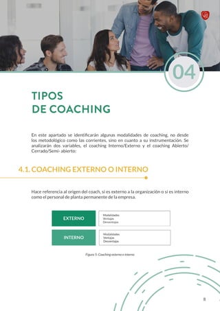 En este apartado se identificarán algunas modalidades de coaching, no desde
los metodológico como las corrientes, sino en cuanto a su instrumentación. Se
analizarán dos variables, el coaching Interno/Externo y el coaching Abierto/
Cerrado/Semi- abierto:
COACHING EXTERNO O INTERNO
Hace referencia al origen del coach, si es externo a la organización o si es interno
como el personal de planta permanente de la empresa.
Figura 5: Coaching externo e interno
04
TIPOS
DE COACHING
4.1.
8
 