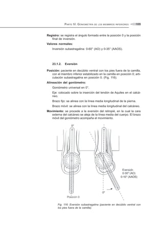 PARTE IV. GONIOMETRÍA DE LOS MIEMBROS INFERIORES 105
Registro: se registra el ángulo formado entre la posición 0 y la posición
final de inversión.
Valores normales:
Inversión subastragalina: 0-60° (AO) y 0-35° (AAOS).
23.1.2. Eversión
Posición: paciente en decúbito ventral con los pies fuera de la camilla,
con el miembro inferior estabilizado en la camilla en posición 0; arti-
culación subastragalina en posición 0. (Fig. 116).
Alineación del goniómetro:
Goniómetro universal en 0°.
Eje: colocado sobre la inserción del tendón de Aquiles en el calcá-
neo.
Brazo fijo: se alinea con la línea media longitudinal de la pierna.
Brazo móvil: se alinea con la línea media longitudinal del calcáneo.
Movimiento: se procede a la eversión del retropié, en la cual la cara
externa del calcáneo se aleja de la línea media del cuerpo. El brazo
móvil del goniómetro acompaña el movimiento.
Fig. 116: Eversión subastragalina (paciente en decúbito ventral con
los pies fuera de la camilla).
 