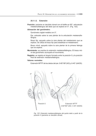 PARTE IV. GONIOMETRÍA DE LOS MIEMBROS INFERIORES 111
25.1.1.2. Extensión
Posición: paciente en decúbito dorsal con el tobillo en 90°; articulación
metatarsofalángica del dedo que se explora en 0°. (Fig. 122).
Alineación del goniómetro:
Goniómetro digital metálico en 0°.
Eje: colocado sobre la cara plantar de la articulación metatarsofa-
lángica.
Brazo fijo: apoyado sobre la cara plantar del metatarsiano que se
explora. Se utiliza el brazo fijo para estabilizar el metatarsiano.
Brazo móvil: apoyado sobre la cara plantar de la primera falange
que se explora.
Movimiento: se practica la extensión metatarsofalángica. El brazo mó-
vil del goniómetro acompaña el movimiento.
Registro: se registra el ángulo formado entre la posición 0 y la posición
final de extensión metatarsofalángica.
Valores normales:
Extensión MTTF de los dedos del pie: 0-60°/80°(AO) y 0-40° (AAOS).
Fig. 122: Extensión metatarsofalángica del quinto dedo a partir de la
posición 0 (paciente en decúbito dorsal).
 