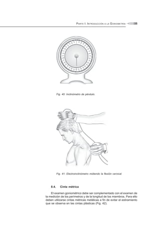 PARTE I. INTRODUCCIÓN A LA GONIOMETRÍA 35
Fig. 40: Inclinómetro de péndulo.
Fig. 41: Electroinclinómetro midiendo la flexión cervical.
8.4. Cinta métrica
El examen goniométrico debe ser complementado con el examen de
la medición de los perímetros y de la longitud de los miembros. Para ello
deben utilizarse cintas métricas metálicas a fin de evitar el estiramiento
que se observa en las cintas plásticas (Fig. 42).
 