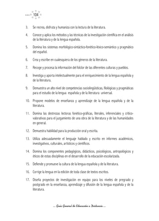 104

3.   Se recrea, disfruta y humaniza con la lectura de la literatura.
4.   Conoce y aplica los métodos y las técnicas de la investigación científica en el análisis
     de la literatura y de la lengua española.
5.   Domina los sistemas morfológico-sintáctico-fonético-léxico-semántico y pragmático
     del español.
6.   Crea y escribe en cualesquiera de los géneros de la literatura.
7.   Recoge y procesa la información del folclor de las diferentes culturas y pueblos.
8.   Investiga y aporta intelectualmente para el enriquecimiento de la lengua española y
     de la literatura.
9.   Demuestra un alto nivel de competencias sociolingüísticas, filológicas y pragmáticas
     para el estudio de la lengua española y de la literatura universal.
10. Propone modelos de enseñanza y aprendizaje de la lengua española y de la
    literatura.
11. Domina las destrezas lectoras fonético-gráficas, literales, inferenciales y crítico-
    valorativas para el juzgamiento de una obra de la literatura y de las humanidades
    en general.
12. Demuestra habilidad para la producción oral y escrita.
13. Utiliza adecuadamente el lenguaje hablado y escrito en informes académicos,
    investigativos, culturales, artísticos y científicos.
14. Domina los componentes pedagógicos, didácticos, psicológicos, antropológicos y
    éticos de estas disciplinas en el desarrollo de la educación escolarizada.
15. Defiende y promueve la cultura de la lengua española y de la literatura.
16. Corrige la lengua en la edición de toda clase de textos escritos.
17. Diseña proyectos de investigación en equipo para los niveles de pregrado y
    postgrado en la enseñanza, aprendizaje y difusión de la lengua española y de la
    literatura.



                      ... Guía General de Educación a Distancia ...
 