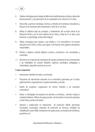 116

6.   Emplear estrategias para trabajar las diferentes manifestaciones artísticas, desarrollo
     del pensamiento y la potenciación de la creatividad en los niños de 0 a 6 años.
7.   Desarrollar y generar estrategias, técnicas y métodos de enseñanza innovadores y
     eficaces en la trasmisión del conocimiento a niños de 0 a 6 años.
8.   Utilizar la didáctica bajo los principios y fundamentos del currículo oficial de la
     Educación Inicial y con el nivel evolutivo de los niños y niñas de 0 a 6 años, para
     favorecer su aprendizaje y desarrollo integral.
9.   Utilizar estrategias para integrar a las familias y a la comunidad en el proceso
     educativo de los niños y niñas, para lograr su formación como agentes educadores
     responsables.
10. Diseñar y elaborar material didáctico creativo y pertinente a las necesidades y
    contenidos.
11. Demostrar en el ejercicio de culminación de estudios el dominio de los conocimientos
    y las habilidades de carácter filosófico, higiénico, psicológico, pedagógico y
    metodológico adquiridos durante la carrera.
Campo	ocupacional	

•    Instituciones infantiles formales y no formales
•    Programas de intervención educativa en la comunidad, generados por el sector
     gubernamental, organizaciones no gubernamentales y privado.
•    Diseño de proyectos, organización de centros infantiles y de animación
     sociocultural
•    Asesor o investigador de proyectos de atención a la Infancia, atención integral a
     unidades familiares. Talleres de apoyo escolar o de formación e innovación educativa
     a nivel inicial y primero de básica.
•    Asesoría o colaboración en instituciones de protección infantil, patronatos
     municipales, provinciales, tribunales de protección de menores, entidades de
     rehabilitación social, ONGs, fundaciones de ayuda social y comunitaria de la Infancia,
     guarderías, etc.


                      ... Guía General de Educación a Distancia ...
 