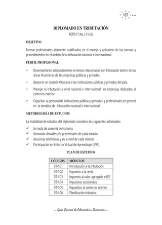 167

                      DIPLOMADO	EN	TRIBUTACIÓN
                                   RCP.S17.No.313.06
OBJETIVO

Formar profesionales altamente cualificados en el manejo y aplicación de las normas y
procedimientos en el ámbito de la tributación nacional e internacional.
PERFIL	PROFESIONAL	

•    Desempeñarse adecuadamente en temas relacionados con tributación dentro de las
     áreas financieras de las empresas públicas y privadas.
•    Asesorar en materia tributaria a las instituciones públicas y privadas del país.
•    Manejar la tributación a nivel nacional e internacional en empresas dedicadas al
     comercio exterior.
•    Capacitar al personal de instituciones públicas y privadas y profesionales en general
     en la temática de tributación nacional e internacional.
METODOLOGíA	DE	ESTUDIOS

La modalidad de estudios del diplomado considera las siguientes actividades:
¸    Jornada de asesoría del sistema
¸    Asesorías virtuales y/o presenciales de cada módulo
¸    Asesorías telefónicas y vía e-mail de cada módulo
¸    Participación en Entorno Virtual de Aprendizaje (EVA)
                                 PLAN	DE	ESTUDIOS

                   CÓDIGOS         MÓDULOS
                      DT-101       Introducción a la tributación
                      DT-102       Impuesto a la renta
                      DT-103       Impuesto al valor agregado e ICE
                      DT-104       Impuestos seccionales
                      DT-105       Impuestos al comercio exterior
                      DT-106       Planificación tributaria



                      ... Guía General de Educación a Distancia ...
 