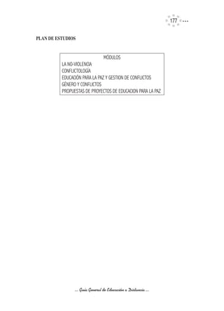 177

PLAN	DE	ESTUDIOS	


                                 MÓDULOS
          LA NO-VIOLENCIA
          CONFLICTOLOGÍA
          EDUCACIÓN PARA LA PAZ Y GESTION DE CONFLICTOS
          GÉNERO Y CONFLICTOS
          PROPUESTAS DE PROYECTOS DE EDUCACION PARA LA PAZ




                ... Guía General de Educación a Distancia ...
 