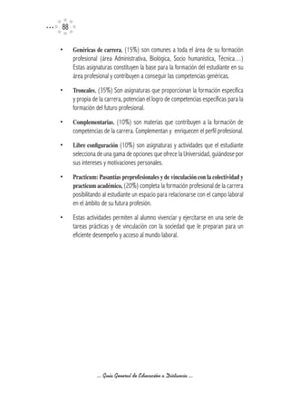 •    Genéricas	de	carrera, (15%) son comunes a toda el área de su formación
     profesional (área Administrativa, Biológica, Socio humanística, Técnica…)
     Estas asignaturas constituyen la base para la formación del estudiante en su
     área profesional y contribuyen a conseguir las competencias genéricas.
•    Troncales, (35%) Son asignaturas que proporcionan la formación específica
     y propia de la carrera, potencian el logro de competencias específicas para la
     formación del futuro profesional.
•    Complementarias, (10%) son materias que contribuyen a la formación de
     competencias de la carrera. Complementan y enriquecen el perfil profesional.
•    Libre	configuración (10%) son asignaturas y actividades que el estudiante
     selecciona de una gama de opciones que ofrece la Universidad, guiándose por
     sus intereses y motivaciones personales.
•    Practicum:	Pasantías	preprofesionales	y	de	vinculación	con	la	colectividad	y	
     practicum	académico, (20%) completa la formación profesional de la carrera
     posibilitando al estudiante un espacio para relacionarse con el campo laboral
     en el ámbito de su futura profesión.
•    Estas actividades permiten al alumno vivenciar y ejercitarse en una serie de
     tareas prácticas y de vinculación con la sociedad que le preparan para un
     eficiente desempeño y acceso al mundo laboral.




               ... Guía General de Educación a Distancia ...
 