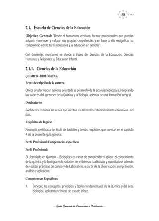 9


7.1.			Escuela	de	Ciencias	de	la	Educación
Objetivo	General:	 “Desde el humanismo cristiano, formar profesionales que puedan
adquirir, reconocer y valorar sus propias competencias y en base a ello resignificar su
compromiso con la tarea educativa y la educación en general”.

Con diferentes menciones se ofrece a través de: Ciencias de la Educación; Ciencias
Humanas y Religiosas; y, Educación Infantil.

7.1.1.			Ciencias	de	la	Educación
QUíMICO	-	BIOLÓGICAS:

Breve	descripción	de	la	carrera

Ofrece una formación general orientada al desarrollo de la actividad educativa, integrando
los saberes del aprender de la Química y la Biología, además de una formación integral.
Destinatarios

Bachilleres en todas las áreas que ofertan los diferentes establecimientos educativos del
país.
Requisitos	de	Ingreso

Fotocopia certificada del título de bachiller y demás requisitos que constan en el capítulo
4 de la presente guía general.
Perfil	Profesional/Competencias	específicas

Perfil	Profesional:

El Licenciado en Químico – Biológicas es capaz de comprender y aplicar el conocimiento
de la química y la biología en la solución de problemas cualitativos y cuantitativos además
de realizar prácticas de campo y de Laboratorio, a partir de la observación, comprensión,
análisis y aplicación.
Competencias	Específicas:

1.    Conocer, los conceptos, principios y teorías fundamentales de la Química y del área
      biológica, aplicando técnicas de estudio eficaz.


                        ... Guía General de Educación a Distancia ...
 