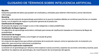 GLOSARIO DE TÉRMINOS SOBRE INTELIGENCIA ARTIFICIAL
Fuente : AIFINDY
Big data
Conjuntos grandes de datos que pueden ser analizados y utilizados para obtener información y tomar decisiones
informadas.
Boosting
Una técnica de conjunto de aprendizaje automático en la que los modelos débiles se combinan para formar un modelo
fuerte, con el objetivo de mejorar la precisión general de la predicción.
Clasificación de imágenes
El proceso de asignar una imagen a una o más categorías o clases predefinidas.
Clasificador de Bayes ingenuo
Un algoritmo de aprendizaje automático utilizado para tareas de clasificación basadas en el teorema de Bayes de
probabilidad.
Colorización de imagen
El proceso de agregar colores a una imagen en escala de grises.
Computación evolutiva
Un conjunto de algoritmos que utilizan principios de la evolución natural, como la reproducción, la mutación y la
selección, para encontrar soluciones a problemas.
Compromiso exploración-explotación
La tensión en el aprendizaje por refuerzo entre explorar nuevas acciones y explotar las acciones conocidas y buenas, para
equilibrar los objetivos de aprendizaje y de maximización de recompensas del agente.
 