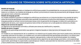 GLOSARIO DE TÉRMINOS SOBRE INTELIGENCIA ARTIFICIAL
Fuente : AIFINDY
Modelo de lenguaje
Un modelo estadístico utilizado en inteligencia artificial para predecir la probabilidad de una secuencia de palabras o
tokens en un idioma. Los modelos de lenguaje se utilizan comúnmente en tareas de procesamiento del lenguaje natural
para generar texto coherente y apropiado.
Modelo de lenguaje grande
Un modelo estadístico grande en inteligencia artificial que se entrena en un conjunto de datos muy grande de texto y
utiliza técnicas de aprendizaje automático para aprender los patrones y la estructura del lenguaje. Los modelos de
lenguaje grandes se utilizan comúnmente para tareas como la generación de lenguaje, la traducción automática y la
clasificación de texto, y son capaces de generar texto similar al humano con un alto grado de coherencia y fluidez.
Máquina de vectores de soporte
Un algoritmo de aprendizaje automático utilizado para tareas de clasificación y regresión.
Modelo de texto a imagen
Un sistema de aprendizaje automático que genera imágenes basadas en descripciones de lenguaje natural.
Modelo
Un modelo es una representación de un problema o un sistema que se puede utilizar para hacer predicciones, decisiones
o aprender patrones en los datos. Los modelos son una parte fundamental del aprendizaje automático y se utilizan para
realizar diversas tareas, como clasificación, regresión, agrupamiento o reducción de dimensionalidad. Los modelos
pueden entrenarse en un conjunto de datos utilizando varios algoritmos de aprendizaje automático, como aprendizaje
supervisado, aprendizaje no supervisado o aprendizaje por refuerzo, para aprender las relaciones y patrones en los datos
y hacer predicciones o decisiones basadas en ellos.
 
