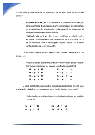 36
poblacionales y que necesita ser verificada; en la tesis tiene un enunciado
especial.
 Hipótesis nula (Ho). Es la afirmación de uno o más valores exactos
para parámetros desconocidos. La hipótesis nula no siempre refleja
las expectativas del investigador, es lo que está sucediendo en el
momento de empezar la investigación.
 Hipótesis alterna (Ha). Es la que establece la relación entre
variables o la diferencia entre los tratamientos experimentales. La Ha
es la afirmación que el investigador espera probar, se la llama
también hipótesis de investigación.
La hipótesis alterna puede adoptar dos formas: direccional o no
direccional:
 Hipótesis alterna direccional, indicando la dirección de las posibles
diferencias, respecto a los valores de la hipótesis nula (Ho).
Ho : μ ≤ 45 Ho : μ1 ≤ μ2
Ha : μ > 45 Ha : μ1 > μ2
Ho : μ ≥ 45 Ho : μ1 ≥ μ2
Ha : μ < 45 Ha : μ1 < μ2
El signo de la hipótesis alternativa indica la cola del gráfico, en este caso
a la derecha, si el signo es “mayor que” y a la izquierda si es “menor que”.
 Hipótesis alterna no direccional, no indica la dirección de las posibles
diferencias.
Ho : μ = 45 Ho : μ1 = μ2
Ha : μ ≠ 45 Ha : μ1 ≠ μ2
 