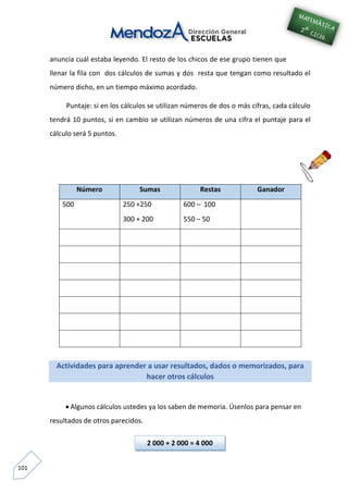 101
anuncia cuál estaba leyendo. El resto de los chicos de ese grupo tienen que
llenar la fila con dos cálculos de sumas y dos resta que tengan como resultado el
número dicho, en un tiempo máximo acordado.
Puntaje: si en los cálculos se utilizan números de dos o más cifras, cada cálculo
tendrá 10 puntos, si en cambio se utilizan números de una cifra el puntaje para el
cálculo será 5 puntos.
Actividades para aprender a usar resultados, dados o memorizados, para
hacer otros cálculos
 Algunos cálculos ustedes ya los saben de memoria. Úsenlos para pensar en
resultados de otros parecidos.
Número Sumas Restas Ganador
500 250 +250
300 + 200
600 – 100
550 – 50
2 000 + 2 000 = 4 000
 