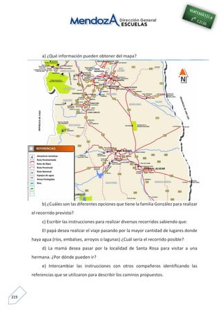219
a) ¿Qué información pueden obtener del mapa?
b) ¿Cuáles son las diferentes opciones que tiene la familia González para realizar
el recorrido previsto?
c) Escribir las instrucciones para realizar diversos recorridos sabiendo que:
El papá desea realizar el viaje pasando por la mayor cantidad de lugares donde
haya agua (ríos, embalses, arroyos o lagunas) ¿Cuál sería el recorrido posible?
d) La mamá desea pasar por la localidad de Santa Rosa para visitar a una
hermana. ¿Por dónde pueden ir?
e) Intercambiar las instrucciones con otros compañeros identificando las
referencias que se utilizaron para describir los caminos propuestos.
 