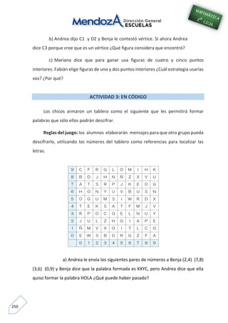250
b) Andrea dijo C1 y D2 y Benja le contestó vértice. Si ahora Andrea
dice C3 porque cree que es un vértice ¿Qué figura considera que encontró?
c) Mariana dice que para ganar usa figuras de cuatro y cinco puntos
interiores. Fabián elige figuras de uno y dos puntos interiores ¿Cuál estrategia usarías
vos? ¿Por qué?
ACTIVIDAD 3: EN CÓDIGO
Los chicos armaron un tablero como el siguiente que les permitirá formar
palabras que sólo ellos podrán descifrar.
Reglas del juego: los alumnos elaborarán mensajes para que otro grupo pueda
descifrarlo, utilizando los números del tablero como referencias para localizar las
letras.
a) Andrea le envía los siguientes pares de números a Benja (2,4) (7,8)
(3,6) (0,9) y Benja dice que la palabra formada es KXYC, pero Andrea dice que ella
quiso formar la palabra HOLA ¿Qué puede haber pasado?
 