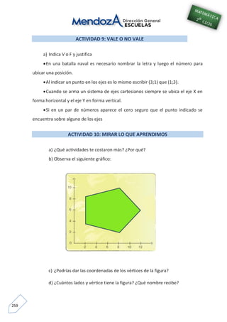 259
ACTIVIDAD 9: VALE O NO VALE
a) Indica V o F y justifica
En una batalla naval es necesario nombrar la letra y luego el número para
ubicar una posición.
Al indicar un punto en los ejes es lo mismo escribir (3;1) que (1;3).
Cuando se arma un sistema de ejes cartesianos siempre se ubica el eje X en
forma horizontal y el eje Y en forma vertical.
Si en un par de números aparece el cero seguro que el punto indicado se
encuentra sobre alguno de los ejes
ACTIVIDAD 10: MIRAR LO QUE APRENDIMOS
a) ¿Qué actividades te costaron más? ¿Por qué?
b) Observa el siguiente gráfico:
c) ¿Podrías dar las coordenadas de los vértices de la figura?
d) ¿Cuántos lados y vértice tiene la figura? ¿Qué nombre recibe?
 