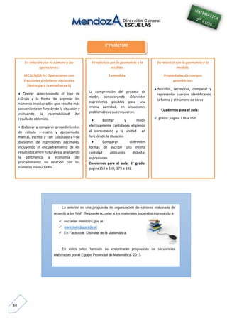 40
En relación con el número y las
operaciones:
SECUENCIA III: Operaciones con
fracciones y números decimales
(Notas para la enseñanza II)
• Operar seleccionando el tipo de
cálculo y la forma de expresar los
números involucrados que resulte más
conveniente en función de la situación y
evaluando la razonabilidad del
resultado obtenido.
• Elaborar y comparar procedimientos
de cálculo —exacto y aproximado,
mental, escrito y con calculadora—de
divisiones de expresiones decimales,
incluyendo el encuadramiento de los
resultados entre naturales y analizando
la pertinencia y economía del
procedimiento en relación con los
números involucrados
En relación con la geometría y la
medida:
La medida
La comprensión del proceso de
medir, considerando diferentes
expresiones posibles para una
misma cantidad, en situaciones
problemáticas que requieran:
 Estimar y medir
efectivamente cantidades eligiendo
el instrumento y la unidad en
función de la situación
 Comparar diferentes
formas de escribir una misma
cantidad utilizando distintas
expresiones
Cuadernos para el aula: 6° grado:
página153 a 169, 179 a 182
En relación con la geometría y la
medida:
Propiedades de cuerpos
geométricos
 describir, reconocer, comparar y
representar cuerpos identificando
la forma y el número de caras
Cuadernos para el aula:
6° grado: página 136 a 153
3°TRIMESTRE
 