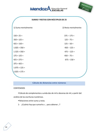 99
SUMAS Y RESTAS CON MÚLTIPLOS DE 25
1) Suma mentalmente: 2) Resta mentalmente:
150 + 25 = 375 – 175 =
350 + 125 = 125 – 75 =
425 + 150 = 125 – 50 =
1.025 + 350 = 450 – 125 =
1.325 + 350 = 475 – 125 =
175 + 125 = 450 – 75 =
425 + 275 = 675 – 150 =
375 + 425 =
1.075 + 125 =
1.025 + 175 =
Cálculo de distancias entre números
CONTENIDOS
Cálculo de complementos a unida des de mil o decenas de mil, a partir del
análisis de las escrituras numéricas.
Relaciones entre suma y resta.
1- ¿Cuánto hay que sumarle a … para obtener…?
 