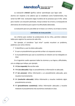 32
La evaluación criterial significa valorar aprendizajes que logra cada
alumno con respecto a los saberes que se establecen como fundamentales, hoy
serían los NAP. Esta evaluación exige el análisis de los procesos que el niño utiliza
para resolver una situación planteada, incluye analizar los errores y la búsqueda de
alternativas de enseñanza para superar las dificultades detectadas.
La evaluación para ser justa debe ser en base a un criterio, no en base a norma.
CRITERIOS DE EVALUACIÓN
Los criterios para analizar las producciones de los niños, permiten elaborar
tablas para registrar los avances de cada niño.
Por ejemplo, al considerar “qué mirar” cuando resuelven un problema,
podemos usar como criterios:
 Si identifican y usan los datos adecuados
 Si usan un procedimiento que permite arribar a la respuesta correcta.
 Si el procedimiento que usan es económico en relación con los trabajados en
clase
En el siguiente cuadro aparecen todos los alumnos y sus logros y dificultades,
con un código que indique, por ejemplo:
 NR (no responde): No escribe nada
 PNA (no adecuado): Elige un procedimiento o información no adecuada.
 EP (en proceso): Utiliza información y un procedimiento adecuado, pero
resuelve incorrectamente.
 RA (resolución adecuada): Utiliza información y resuelve mediante algún
procedimiento correcto.
 PE (procedimiento económico): Utiliza información adecuada y resuelve
mediante el procedimiento más económico analizado en clase.
 