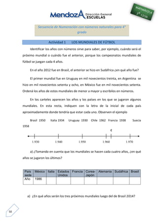 50
Secuencia de Numeración con números naturales para 4°
grado
Actividad 1 LOS MUNDIALES DE FÚTBOL
Identificar los años con números sirve para saber, por ejemplo, cuándo será el
próximo mundial o cuándo fue el anterior, porque los campeonatos mundiales de
fútbol se juegan cada 4 años.
En el año 2012 fue en Brasil, el anterior se hizo en Sudáfrica ¿en qué año fue?
El primer mundial fue en Uruguay en mil novecientos treinta, en Argentina se
hizo en mil novecientos setenta y ocho, en México fue en mil novecientos setenta.
Ordená los años de estos mundiales de menor a mayor y escribilos en números.
En los carteles aparecen los años y los países en los que se jugaron algunos
mundiales. En esta recta, indiquen con la letra de la inicial de cada país
aproximadamente donde tendría que estar cada uno. Observen el ejemplo
Brasil 1950 Italia 1934 Uruguay 1930 Chile 1962 Francia 1938 Suecia
1958
1.930 1.940 1.950 1.960 1.970
a) ¿Tomando en cuenta que los mundiales se hacen cada cuatro años, ¿en qué
años se jugaron los últimos?
a) ¿En qué años serán los tres próximos mundiales luego del de Brasil 2014?
País
sede
México Italia Estados
Unidos
Francia Corea-
Japón
Alemania Sudáfrica Brasil
Año 1986
C
 