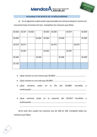 51
Actividad 2 EN BUSCA DE LA REGULARIDAD
a) En el siguiente cuadro están representados los números desde el treinta mil
cincuenta hasta el treinta mil cien. Completen los números que faltan
 ¿Qué número es uno menos que 30.060?.........................................................
 ¿Qué número es uno más que 30.099?.............................................................
 ¿Qué números están en la fila del 30.080? Escribílos a
continuación……………………………………………………………………………………………………
……………………………………………………………………………………………………………………....
 ¿Qué números están en la columna del 30.055? Escribílos a
continuación………………………………………..…………………………………………………………
………………………………………………………………………………………………………………….......
b) En este otro cuadro los números van de 100 en 100. Completá todos los
números que faltan
30.050 30.051 30.052 30.054 30.055 30.057 30.059
30.060 30.063 30.064 30.066 30.069
30.070 30.071 30.075 30.078
30.081 30.084 30.087
30.090 30.093 30.096 30.099
30.100
 