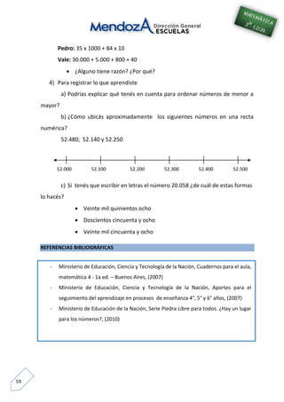 59
Pedro: 35 x 1000 + 84 x 10
Vale: 30.000 + 5.000 + 800 + 40
 ¿Alguno tiene razón? ¿Por qué?
4) Para registrar lo que aprendiste
a) Podrías explicar qué tenés en cuenta para ordenar números de menor a
mayor?
b) ¿Cómo ubicás aproximadamente los siguientes números en una recta
numérica?
52.480; 52.140 y 52.250
c) Si tenés que escribir en letras el número 20.058 ¿de cuál de estas formas
lo hacés?
 Veinte mil quinientos ocho
 Doscientos cincuenta y ocho
 Veinte mil cincuenta y ocho
REFERENCIAS BIBLIOGRÁFICAS
52.000 52.100 52.200 52.300 52.400 52.500
- Ministerio de Educación, Ciencia y Tecnología de la Nación, Cuadernos para el aula,
matemática 4 - 1a ed. – Buenos Aires, (2007)
- Ministerio de Educación, Ciencia y Tecnología de la Nación, Aportes para el
seguimiento del aprendizaje en procesos de enseñanza 4°, 5° y 6° años, (2007)
- Ministerio de Educación de la Nación, Serie Piedra Libre para todos. ¿Hay un lugar
para los números?, (2010)
 