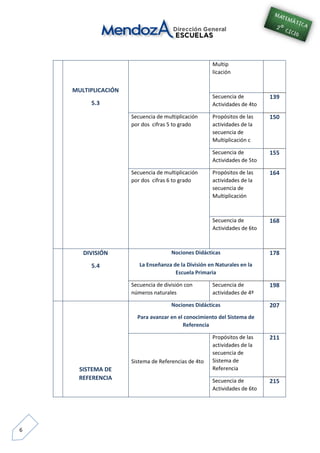 6
MULTIPLICACIÓN
5.3
Multip
licación
Secuencia de
Actividades de 4to
139
Secuencia de multiplicación
por dos cifras 5 to grado
Propósitos de las
actividades de la
secuencia de
Multiplicación c
150
Secuencia de
Actividades de 5to
155
Secuencia de multiplicación
por dos cifras 6 to grado
Propósitos de las
actividades de la
secuencia de
Multiplicación
164
Secuencia de
Actividades de 6to
168
DIVISIÓN
5.4
Nociones Didácticas
La Enseñanza de la División en Naturales en la
Escuela Primaria
178
Secuencia de división con
números naturales
Secuencia de
actividades de 4º
198
SISTEMA DE
REFERENCIA
Nociones Didácticas
Para avanzar en el conocimiento del Sistema de
Referencia
207
Sistema de Referencias de 4to
Propósitos de las
actividades de la
secuencia de
Sistema de
Referencia
211
Secuencia de
Actividades de 6to
215
 