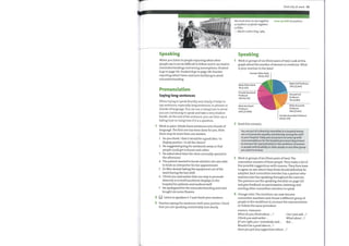 Diversity at work 111
come up with (v) produce
We must learn to live together
as brothers or perish together
as fools.
—Martin Luther King, 7964
Speaking
Speaking
When you listen to people reporting what other
people say it can be difficult to follow and it can lead to
misunderstandings and wrong assumptions. Student
A go to page 116. Student B go to page 118. Practise
reporting what's been said and clarifying to avoid
misunderstanding.
Pronunciation
Saying long sentences
Whentrying to speak fluently and clearly, it helps to
say sentences, especially long sentences, in phrases or
chunks oflanguage. You can use a rising tone to show
you are continuing to speak and take a very shallow
breath. At the end ofthe sentence, you can then use a
falling tone or rising tone if it is a question.
1 Work in pairs. Divide these sentences into chunks of
language. The first one has been done for you. Note
there may be more than one answer.
1
2
3
4
Work in groups of six (three pairs oftwo). Look at this
graph about the number ofwomen in medicine. What
is your reaction to the data?
Female Other Rank
6% (6, 912)
Male Other Rank
70/0 (7, 421)
Female Assistant
Professor
15% (16,152)
Male Assistant
Professor
26% (27, 896)
Read this scenario.
Male Full Professor
21% (22,667)
Female Full
Professor
3% (3,683)
Male Associate
Professor
16% (17,423)
Female Associate Professor
6% (6, 074)
1
2
3
4
5
6
7
Do you think / that it would be a good idea / to
display posters / in all the clinics?
He suggested going for weekends away so that
people could get to know each other.
He asked what time the clinic normally opened in
the afternoon.
The patient wantedto know whether she was able
to book an interpreter for her appointment.
Dr Wen denied taking the equipment out ofthe
ward during the last shift.
I think you said earlier that one wayto promote
diversity is to hold lunchtime displays in the
hospital for patients and medical staff.
He apologized for the misunderstanding and even
bought me some flowers.
Listen to speakers 1—7 and check your answers.
2
3 Practise saying the sentences with your partner. Check
that you are speaking comfortably and clearly.
You are part ofa diversity committee in a hospital whose
aim is to promote equality and diversity among the staff
at your hospital. Today your purpose is to come up with
recommendations for the hospital personnel department
to increase the representation in the workforce of women
or people with disability or older people or any other group
you want to choose.
Work in groups of six (three pairs oftwo). The
committee consists ofthree people. They make a list of
five possible suggestions with reasons. Theythen have
to agree on one whichthey think should definitely be
adopted. Each committee member has a partner who
watches him/her speaking throughout the exercise.
The partners use the speaking checklist on page 120
and give feedback on participation, listening, and
inviting other committee members to speak.
Change roles. The monitors can now become
committee members and choose a different group of
people in the workforce to increase the representation
of. Follow the same procedure.
USEFUL PHRASES
What doyou think about ... ? Can Ijust add ...?
I thinkyou said earlier ... What about ...?
IfIam right, you /somebodysaid. But ...
Would it be a good idea to... ?
Haveyou got any suggestions about ... ?
 