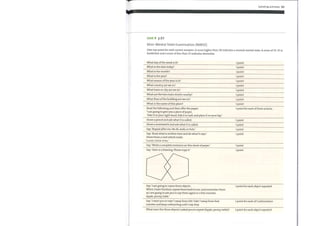 Speaking activities 121
Unit 9 p.83
Mini—Mental State Examination (MMSE)
Give one point for each correct answers. A score higher than 28 indicates a normal mental state. A score of 25—27 is
borderline and a score of less than 25 indicates dementia.
What day ofthe week is it?
What is the date today?
What is the month?
What is the year?
What season ofthe year is it?
What country are we in?
What town or city are we in?
What are the two main streets nearby?
What floor ofthe building are we on?
What is the name ofthis place?
Read the following and then offer the paper:
'I am going to give you a piece of paper.
Take it in your right hand, fold it in half, and place it on your lap.'
Show a pencil and ask what it is called.
Show a wristwatch and ask what it is called.
Say: 'Repeat after me. No ifs, ands, or buts.'
Say: 'Read what is written here and do what it says.'
Showthem a card which reads:
'CLOSE YOUR EYES.'
Say: 'Write a complete sentence on this sheet of paper.'
Say: 'Here is a drawing. Please copy it.'
Say: 'I am going to name three objects.
When I have finished, repeat them back to me, and remember them
as I am going to ask you to say them again in a few minutes.
Apple, penny, table.'
Say: 'I want you to take 7 awayfrom 100. Take 7 away from that
number and keep subtracting until I say stop.
What were the three objects I asked you to repeat (Apple, penny, table) ?
1 point
1 point
1 point
1 point
1 point
1 point
1 point
1 point
1 point
1 point
1 point for each ofthree actions.
1 point
1 point
1 point
1 point
1 point
1 point
1 point for each object repeated
1 point for each of 5 subtractions
1 point for each object repeated
 