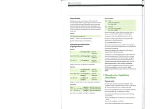 126 Grammar reference
Future Passive
The Passive can be used in tenses other than the
Present Simple. When explaining procedures, we tend
to use the Present Passive. However, we can also use
the Future Passive to describe what will happen to a
patient. Unlike the Present Passive, the Future Passive
can be used whenthe subject of the Passive sentence
is a person.
Positive
You'll be given a sedative.
Subject + 'II (will) + be + past participle
You'll be asked to sign a consentform.
Explaining procedures with
be going to future
Positive
1 am ('m) going to
You / We / They are ('re) going to
He / She / It is ('s) going to
give the
injection.
give the
injection.
give the
injection.
subject + am /are / is + going to + infinitive
Negative
1 amnot ('m not)
going to
You / We / They are not (aren't)
He / She / It
going to
is not (isn't)
going to
give the
injection.
give the
injection.
give the
injection.
subject + 'm not / aren't / isn't +going to + infinitive
Ouestions
Am I going to give the injection?
Are you / we / they going to give the injection?
Is he / she / it going to give the injection?
Am /Are /Is + subject + going to + infinitive
Short answers
Yes, I am.
you / we / they are.
he / she / it is.
No, I'm not.
you / we / they aren't.
he / she / it isn't.
We use be going to to talk about intentions, that is,
when a course of action has been decided upon.
I'm going to take somefluidfromyour backbone.
We also use be going to whenwe can predict the
outcome of a current situation.
You're going tofeel a bit sore.
We can also use the expression What we're going to
do is (to) to introduce an explanation. This helps focus
the listener's attention.
What we're going to do is (to) have a look atyour
stomach with a bendy telescope.
Sometimes it is necessary to give a more involved or
technical explanation. To do this, we often change
to a more impersonal form. This involves using the
Present Passive throughout the description and a
linking device such as What happens then / next is ....
What happens then / next is (that) + procedure
Thepatient is sedated to induce drowsiness. A thin,
flexible tube is passed into the stomach. What
happens then is that a sample ofthe stomach lining is
taken.
5 Phrasal verbs, Explaining
side effects
Phrasal verbs
Phrasal verbs are very common in English. They
consist of a verb + particle such as in, on, at, out, down,
up. These combine to form a single meaning.
The meaning ofthe two words is not always obvious,
for exampleput off= to postpone or delay.
Some phrasal verbs have more than one meaning,
e.g. cut down.
They've cut down the tree that was in the hospital car
park.
You need to cut down on alcohol.
Some verbs combine with both an adverb and a
 