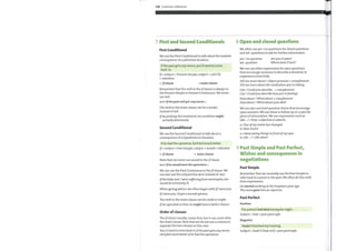 128 Grammar reference
7 First and Second Conditionals
First Conditional
We use the First Conditional to talk about the realistic
consequence of a potential situation.
Ifthe pain gets any worse, you'll need to come
back in.
If+ subject + Present Simple, subject + will ('II)
8 Open and closed questions
We often use yes / no questions for closed questions
and wh- questions to ask for further information.
yes / no question
wh- question
Areyou in pain?
Where does it hurt?
+ infinitive
— ifclause = main clause
Remember that the verb in the ifclause is always in
the Present Simple or Present Continuous. We never
use will.
The verb in the main clause can be a modal
instead of will.
Ifweprolong this treatment, his condition might
actually deteriorate.
Second Conditional
We use the Second Conditional to talk about a
consequence of a hypothetical situation.
If he had the operation, he'd feel muchbetter.
If+ subject + Past Simple, subject + would + infinitive
= ifclause = main clause
Note that we never use would in the ifclause.
We can use the Past Continuous in the ifclause. We
can also use the subjunctive were instead of was.
Ifthe baby was / were sufferingfrom meningitis, she
would be extremely ill.
When giving advice, we often begin with Iflwereyou.
IfI wereyou, I'd get a second opinion.
The verb in the main clause can be could or might.
Ifwe operated on him, he might have a better chance.
Order of clauses
The ifclause usually comes first, but it can Come after
the main clause. Note that we do not use a commato
separate the two clauses in this case.
You'll need to come back in ifthepain gets any worse.
He'dfeel much better ifhe had the operation.
We can use other expressions for open questions
that encourage someone to describe a situation or
experience more fully.
Tell me more about + object pronoun + complement
Tell me more about the medication you're taking.
Can / Couldyou describe ... + complement
Can / Couldyou describe howyou'refeeling?
Howabout / What about + complement
Howabout / What aboutyourdiet?
We can also use brief question forms that encourage
open answers. We use these to follow up on a specific
piece of information. We use expressions such as
Like ...? /How+ adjective or adverb.
A: One ofmy moles has changed.
B : How much?
A: I keep seeing things infront ofmyeyes.
B: Like ...? /Like what?
9 Past Simple and Past Perfect,
Wishes and consequences in
negotiations
Past Simple
Remember that we normally use the Past Simple to
refer back to a point in the past. We often do this with
time expressions.
He started working at the hospital a year ago.
The nurse gave him an injection.
Past Perfect
Positive
The patient had died during the night.
Subject + had + past participle
Negative
I hadn't finished mytraining.
Subject + hadn't (had not) + past participle
 