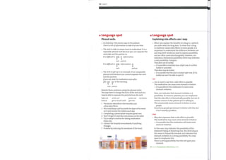 40 Unit 5
Language spot
Phrasal verbs
In Listening 2 the doctor says to the patient:
There's a lot ofinformation to take in at one time.
The verb to take in means here to understand. It is a
separable phrasal verb because you can separate the
verb take and the particle in:
It is difficult to take in information.
verb particle
It is difficult to take information in.
verb particle
The verb to get up is an example of an inseparable
phrasal verb because you cannot separate the verb
and the particle:
Ifyou can, take the medication soon after
you gg! up in the morning.
verb particle
Rewrite these sentences using the phrasal verbs.
You may have to change the form of the verb and you
maybe able to separate the particle from the verb.
take out write out point out cut down
look at get in touch with get into
1
2
3
4
5
6
7
The doctor identified a few benefits and
a few side effects.
You could keep a pill boxwith the days ofthe week
on it and remove the tablets each day.
Completing a prescription requires great care.
Don't forget to read the instructions on the label.
Try to adopt a routine for taking medication
if you can.
Contact the hospital immediately if anything
changes.
It works by reducing the workload ofthe heart.
i
1
o Language spot
Explaining side effects: can /may
When you explain the benefits of a drug to a patient,
you state what the drug does. To show that a drug
or medicine causes side effects in some people, it is
important to understand the difference between can
and may. Both words are used to express possibility
and are often used interchangeably. However, can
indicates a theoretical possibility while may indicates
a real possibility. Compare:
That door can be locked.
= It is possible to lock that door. Right now, it is either
locked or unlocked.
That door may be locked.
= It is possible that the door is locked right now. If it is
locked, we won't be able to open it.
can
Can is used to say that a side effect is possible.
This medication can cause some stomach irritation.
= It is possiblefor this medication to cause some
stomach irritation.
Here, can indicates that stomach irritation is a
possibility. To reassure patients, you can emphasize
that the side effect is theoretically possible, but not of
serious concern to the patient you're talking to.
This occasionally causes stomach irritation in some
people.
Sometimes, people get stomach irritation with this, but
it isn 't usually a problem.
may
May also expresses that a side effect is possible.
This medication may cause some stomach irritation.
= It is possible that this medication will cause some
stomach irritation.
In this case, may indicates the possibility of the
statement being or becoming true. The word may in
this sense is frequently stressed, and indicates that
stomach irritation is a strong possibility. You may
want to emphasize this.
There's a strong possibility that this will upsetyour
stomach.
Go to Grammar reference p.126
 