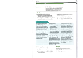 42 Unit5
complementary (adj) balanced
factor (n) cause, element
regimen (n) course of
treatment, schedule
Reading
Statistics for concordance in General Practice in the UK
Sufficient concordance to attain therapeutic objectives occurs
about 50% of the time.
1:6 patients take medicine exactly as directed; 1:3 take medication
as directed 80—90% of the time; 1:3 take medication 40—80%
of the time; the remaining 16—17% take medications directed
of the time. 20% of prescriptions are never cashed.
Read the text and answer these questions.
1 What features ofnew medicines should make
people take the medicines prescribed to them?
2 Which medicines are least likely to be taken by patients?
3 Which group is more likely not to take medicine
prescribed because they do not believe the illness
4
5
6
7
Besides providing information, what effective ways
can improve compliance?
What is more important than increasing compliance
in patients?
What do patients need to be helped to make?
What can be of help to both the individual and the
general population?
is there?
Concordance
Non-compliance in medicine taking
is a long-standing problem in all
therapeutic areas, including the
treatment of cancer. There is strong
evidence that, despite the introduction
of new medicines which have fewer side
effects and are more convenient to use,
many people still do not take them as
prescribed — even when not doing so
can have life-threatening consequences.
Medicines prescribed for preventive
purposes are especially likely not to
be taken as prescribed. This may be
because people do not feel immediately
threatened and, in the case of
symptomless conditions such as raised
cholesterol levels and hypertension, feel
no obvious benefit at the time when
medicines are taken.
Factors associated with
poor compliance include:
o complex regimens involving multiple
doses and several medicines.
unwanted side effects.
o concerns about the value or
appropriateness oftaking medicines
in particular contexts.
denial of illness, especially among
younger people.
o confusion or physical difficulties
associated with medicine taking,
which most frequently affect
older people.
Effective ways of improving
compliance rates involve the
complementary use of educative,
practical, and emotionally and
behaviourally supportive interventions,
rather than the provision of information
alone. There is evidence that, regardless
of the specific knowledge imparted,
self-management programmes
which help to raise people's sense of
self-efficacy and confidence promote
better medicine ta king.
Health professionals should respect
patients' autonomy and accept that
increasing compliance with prescribing
instructions is not as important as
meeting patients' individual needs and
priorities. Patients need help to make
informed choices about treatment. For
example, there is a need to differentiate
clearly between situations where
varying the timing or quantity of
medicine doses may do little harm or
even be beneficial, and situations in
which there is a high probability of
adverse clinical outcomes.
Improvements in self-management
skills and compliance in medicine
taking can generate significant benefits
for individuals and the population
as a whole. Combining medication
reviews with other forms of timely and
appropriate support for patients and
carers represents an important route
towa rds better and more cost-effective
use of medicines.
2 Work in groups. Discuss the question of compliance
among patients in your country by:
1 answering questions 1—7 in 1
2 comparing the statistics at the top of page 41 with
those for your own country, if they are available.
3 giving examples of non-compliance and effective
ways of dealing with it.
Project
Search the web and check references to clinical
incident reporting in UKhospitals. Find out what is
involved in the procedure.
1 Is such reporting a good idea?
2 What is it called in your country and what
happens there?
 