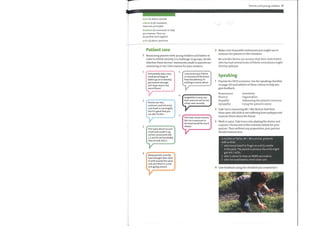 bout (n) attack, episode
(n pl) standards,
criteria
measures, principles
feedback (n) comments to help
you improve. They can
be positive and negative.
prick (v) pierce, puncture
Patient care
1 Reassuring parents with young children and babies in
order to relieve anxiety is a challenge. In groups, decide
whetherthese doctors' statements made to parents are
reassuring or not. Give reasons for your answers.
2
2
3
4
Parents and young children 71
Make a list of possible statements you might use to
reassure the parents in this situation.
Mr and Mrs Barton are anxious that their child, Robert,
who has had several bouts offebrile convulsions might
develop epilepsy.
Speaking
Practise for OSCE scenarios. Use the speaking checklist
on page 120 and addfive ofthese criteria to help you
1
Fortunately, only a very
small percentage of
babies go on to develop
permanent damage.
Let's hope Jane is not
one of them!
2
Rashes are very
common, and not every
rash leads to meningitis,
but it is good that you
are alert to this.
3
If he were about six and
a half and couldn't say
certain consonants like
s,f, and th, we'd probably
have to look into it.
4
Many parents recently
have brought their child
in with exactly the same
rash, but there is a viral
rash going around.
5
I can assure you if there
is a fracture of the femur
from the delivery, it's
nothing to worry about.
6
Epiglottitis is very rare
here now; but we've had
a few cases recently.
7
If he had a brain tumour,
the rise in pressure in
his head would be much
slower.
give feedback.
Reassurance
Fluency
Empathy
Sympathy
Sensitivity
Organization
Addressing the patient's concerns
Using the patient's name
Take turns reassuring Mr / Mrs Barton that their
three-year-old child is not suffering from epilepsy and
reassure them about the future.
Work in pairs. Take turns role-playing the doctor and
a parent. Choose one of the scenarios below for your
partner. Then without anypreparation, your partner
should reassure you.
A mother or father, Mr / Mrs Lennox, presents
with a child:
1 who has pricked his finger on a dirty needle
in the park. The parent is anxious the child might
get HIV / AIDS.
2 who is about to have an MMR vaccination
3 who has swallowed a small silver coin.
Give feedback using the checklist you created for 1.
 