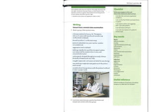 Some patients with mania are cheerful. They laugh, play, dance day
and night. Sometimes they wear flowers on their head as if they
had been a winner in a game. These patients do not bring worries
to their relatives. But others fly into a rage ...
—Quotationfrom Artaeus ofCappadocia, AD90, in OHCS
Writing
Extract from a mental state examination
Work in groups. Write up these notes.
A former patientofyoury, Mr Tho-wtpsovv,
whew25 yearyold/ wacfo-wvwb waznd,erün.ff
üvvthestreet confwsed/.
founcVby police;2 vvto-rvuü0ff
patientadwüttecV0-neyyear earlier sünaLlar
aggrusöve./ cvvwV con.fwsed/
ta,lEüQff rapidly I-lez scud/thetran,spo-rtsystewv
need&to-fiv it no-w
concentratin-vvpoor
notproperly dressed/thoughpre>v'üoudy alwayy
fo-rvnølby dresæd/cvnd/ very tidy
üvptpaired.;, notazwareyofwhathe
vnalcü'l.ff ünappropri,a.te gestureyto-thepo-lLce
and/ vucrse&
carefubaboutbeingcvlo-vw wi,th/thepaåevut wi,thout
a/ clear escape; route
2 Count howmanytimes you used the Past Perfect and
compare your answer with other groups.
Working in psychiatry 89
Checklist
Assess your progress in this unit.
Tick (V) the statements which are true.
I can describe and assess psychiatric
conditions.
I can use the Past Perfect and weak forms
in speech.
I can express wishes and negotiate
with / persuade patients.
I can talk about self-harm.
I can write descriptions of a patient's
mental state.
Key words
Nouns
affective disorders
anxiety
cognitive behavioural therapy
concentration
depression
mania
mini-mental state examination
psychosis
psychotherapy
self-harm
Adjectives
aggressive
anxious
argumentative
careless
distracted
flamboyant
non-judgemental
restless
withdrawn
Useful reference
Oxford Handbook of Psychiatry 2nd edition,
Sempie et al, ISBN 978-0-19-923946-7
 