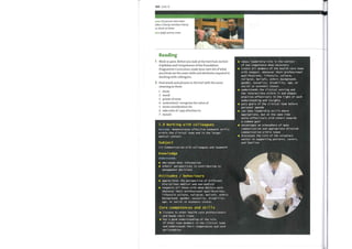 100 Unit 11
(n) person who looks
carer
after a family member, friend,
or client at home
(adj) central, main
core
Reading
Work in pairs. Before you look at the text from Section
4 Syllabus and Competences ofthe Foundation
Programme Curriculum, make your ownlist ofwhat
you think are the main skills and attributes required in
working with colleagues.
Find words and phrases in the text with the same
meaning as these.
show
1
result
2
points ofview
3
understand / recognize the value of
4
show consideration for
5
take note of / pay attention to
6
mould
7
5.0 Working with colleagues
Outcome: demonstrates effective teamwork skills
within the clinical team and in the larger
medical context
Subject
(i) Communication with colleagues and teamwork
Knowl edge
Understands :
o who needs what information
others' perspectives in contributing to
management decisions
Attitudes / behaviours
appreciates the perspective of different
disciplines medical and non-medical
o respects all those with whom doctors work
whatever their professional qual ifications,
lifestyle culture, rel igion, bel iefs, ethnic
background, gender, sexual ity, disabil ity,
age, or social or economic status.
Core competences and skills
e listens to other health care professionals
and heeds their views
o has a good understanding of the role
of other team members in the clinical team
and understands their competences and care
philosophies
takes leadership role in the context
of own competence when necessary
treats all members of the health care team
with respect, whatever their professional
qual ifications, lifestyle, culture,
rel igion, bel iefs, ethnic background,
gender, sexual ity, disability, age, or
social or economic status.
understands the cl inical setting and
the interactions within it and shapes
practice effectively in the light of such
understanding and insights
puts goals of the cl inical team before
personal agenda
can show leadership skills where
appropriate, but at the same time
works effectively with others towards
a common goal
encourages an atmosphere of open
communication and appropriate directed
communication within teams
discusses the role of the vol untary
sector in supporting patients, carers,
and families
 