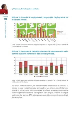 4 / Menores, Redes Sociales y pantallas




                           Gráfico 4.78. Contenido de las páginas web y blogs propios. Según grado de uso
114                        de las redes sociales.
menores y redes sociales




                           Fuente: Encuesta Generaciones Interactivas en España. Respuestas a la pregunta nº 42: “¿Con qué contenido” N:
                           8.373 escolares de 10 a 18 años.


                           Gráfico 4.79. Generación de contenidos educativos. No usuarios de redes socia-
                           les frente a usuarios avanzados de redes sociales (por edad).




                           Fuente: Encuesta Generaciones Interactivas en España. Respuestas a la pregunta nº 42: “¿Con qué contenido” N:
                           8.373 escolares de 10 a 18 años.

                           Por sexo, entre las chicas, es más frecuente crear desde la afición a la
                           música o para contar historias personales. Los chicos, sin olvidar que
                           más de la mitad están interesados por la música, se decantan por crea-
                           ciones digitales basadas en los deportes o los juegos; también es impor-
                           tante reseñar que un 17% afirma mantener sitios con contenidos dirigi-
                           dos a adultos.
 