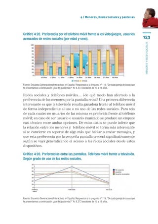 4 / Menores, Redes Sociales y pantallas




Gráfico 4.92. Preferencia por el teléfono móvil frente a los videojuegos, usuarios
avanzados de redes sociales (por edad y sexo).                                                                        123




                                                                                                                      menores y redes sociales
Fuente: Encuesta Generaciones Interactivas en España. Respuestas a la pregunta nº 119: “De cada pareja de cosas que
te presentamos a continuación ¿qué te gusta más?” N: 8.373 escolares de 10 a 18 años.

Redes sociales y teléfonos móviles… ¿de qué modo han afectado a la
preferencia de los menores por la pantalla reina? Una primera diferencia
interesante es que la televisión resulta ganadora frente al teléfono móvil
de forma independiente al uso o no uso de las redes sociales. Para seis
de cada cuatro no usuarios de las mismas es preferida frente al teléfono
móvil; en caso de ser usuario o usuario avanzado se produce un empate
casi técnico entre ambas opciones. De estos datos se puede inferir que
la relación entre los menores y  teléfono móvil se torna más interesante
si se convierte en soporte de algo más que hablar o enviar mensajes, y
que esta preferencia por la pequeña pantalla crecerá significativamente
según se vaya generalizando el acceso a las redes sociales desde estos
dispositivos.

Gráfico 4.93. Preferencias entre las pantallas. Teléfono móvil frente a televisión.
Según grado de uso de las redes sociales.




Fuente: Encuesta Generaciones Interactivas en España. Respuestas a la pregunta nº 119: “De cada pareja de cosas que
te presentamos a continuación ¿qué te gusta más?” N: 8.373 escolares de 10 a 18 años.
 