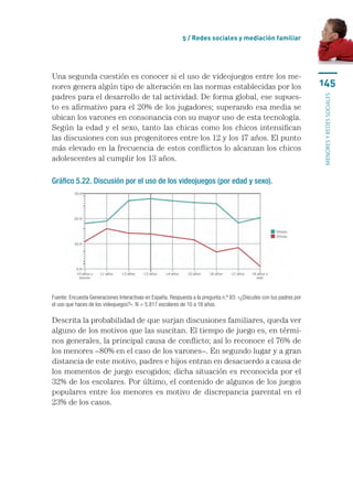 5 / Redes sociales y mediación familiar




Una segunda cuestión es conocer si el uso de videojuegos entre los me-
nores genera algún tipo de alteración en las normas establecidas por los                                              145
padres para el desarrollo de tal actividad. De forma global, ese supues-




                                                                                                                      menores y redes sociales
to es afirmativo para el 20% de los jugadores; superando esa media se
ubican los varones en consonancia con su mayor uso de esta tecnología.
Según la edad y el sexo, tanto las chicas como los chicos intensifican
las discusiones con sus progenitores entre los 12 y los 17 años. El punto
más elevado en la frecuencia de estos conflictos lo alcanzan los chicos
adolescentes al cumplir los 13 años.

Gráfico 5.22. Discusión por el uso de los videojuegos (por edad y sexo).




Fuente: Encuesta Generaciones Interactivas en España. Respuesta a la pregunta n.º 93: «¿Discutes con tus padres por
el uso que haces de los videojuegos?». N = 5.817 escolares de 10 a 18 años.

Descrita la probabilidad de que surjan discusiones familiares, queda ver
alguno de los motivos que las suscitan. El tiempo de juego es, en térmi-
nos generales, la principal causa de conflicto; así lo reconoce el 76% de
los menores –80% en el caso de los varones–. En segundo lugar y a gran
distancia de este motivo, padres e hijos entran en desacuerdo a causa de
los momentos de juego escogidos; dicha situación es reconocida por el
32% de los escolares. Por último, el contenido de algunos de los juegos
populares entre los menores es motivo de discrepancia parental en el
23% de los casos.
 