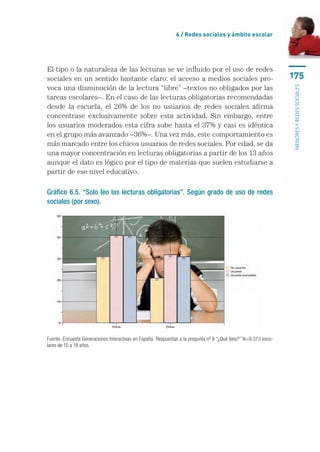 6 / Redes sociales y ámbito escolar




El tipo o la naturaleza de las lecturas se ve influido por el uso de redes
sociales en un sentido bastante claro: el acceso a medios sociales pro-                                          175
voca una disminución de la lectura “libre” –textos no obligados por las




                                                                                                                 menores y redes sociales
tareas escolares–. En el caso de las lecturas obligatorias recomendadas
desde la escuela, el 26% de los no usuarios de redes sociales afirma
concentrase exclusivamente sobre esta actividad. Sin embargo, entre
los usuarios moderados esta cifra sube hasta el 37% y casi es idéntica
en el grupo más avanzado –36%–. Una vez más, este comportamiento es
más marcado entre los chicos usuarios de redes sociales. Por edad, se da
una mayor concentración en lecturas obligatorias a partir de los 13 años
aunque el dato es lógico por el tipo de materias que suelen estudiarse a
partir de ese nivel educativo.

Gráfico 6.5. “Solo leo las lecturas obligatorias”. Según grado de uso de redes
sociales (por sexo).




Fuente. Encuesta Generaciones Interactivas en España. Respuestas a la pregunta nº 8 “¿Qué lees?” N=8.373 esco-
lares de 10 a 18 años.
 